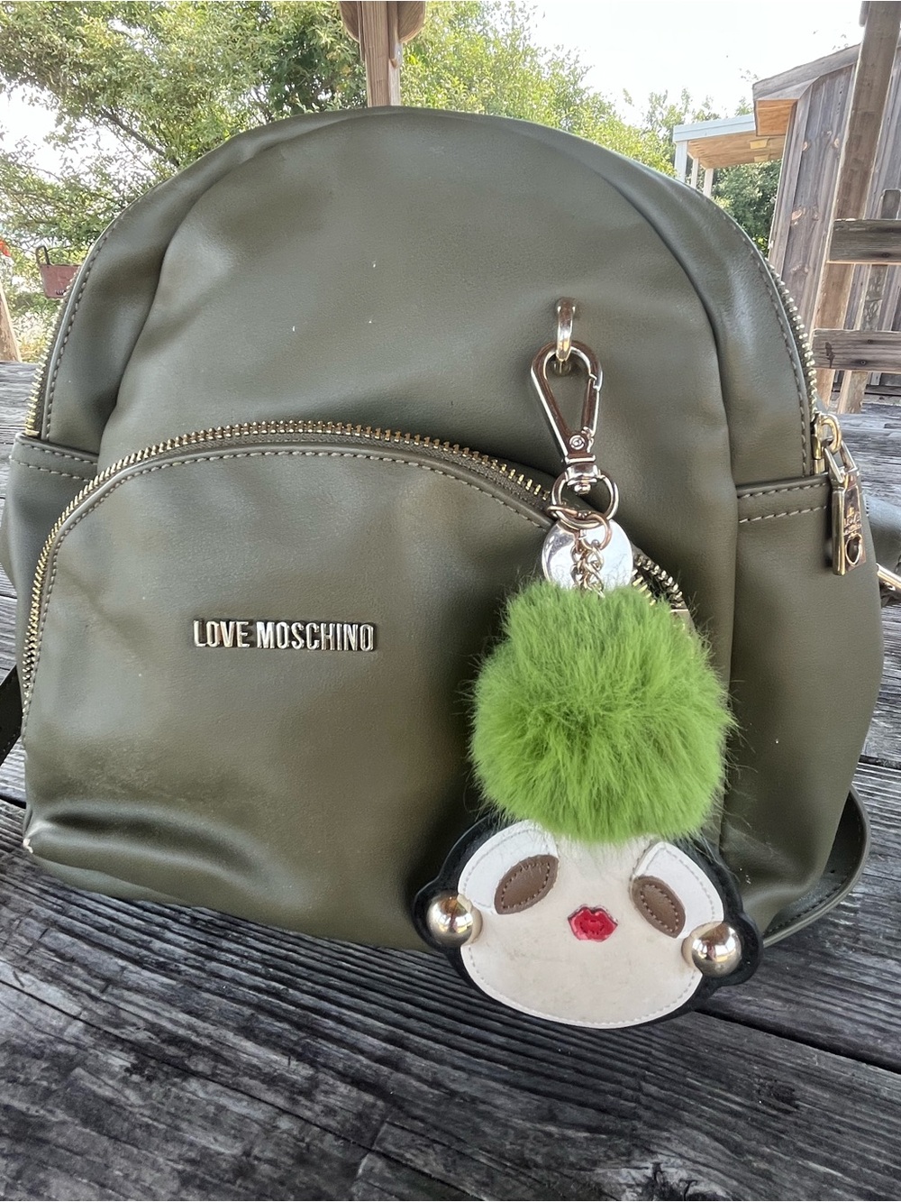 Love Moschino  Olive Green sm Backpack with Green Pom-Pom Charm